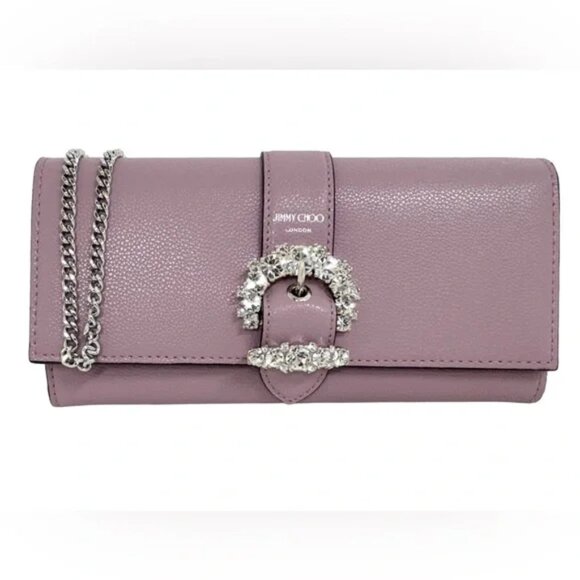 Jimmy Choo  Satin Crystal Madeline Wallet On Chain in Mauve, New with Box - Picture 1 of 9